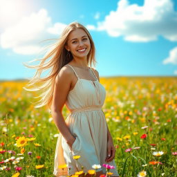 A beautiful young woman standing in a vibrant spring meadow, surrounded by colorful wildflowers