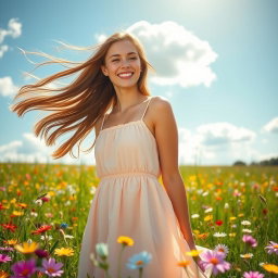 A beautiful young woman standing in a vibrant spring meadow, surrounded by colorful wildflowers