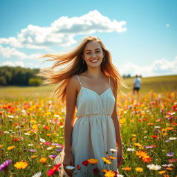 A beautiful young woman standing in a vibrant spring meadow, surrounded by colorful wildflowers