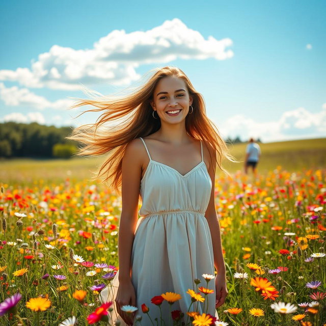 A beautiful young woman standing in a vibrant spring meadow, surrounded by colorful wildflowers