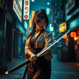 A skilled female katana expert, portrayed as a target of the Yakuza, set in an action-packed thriller atmosphere