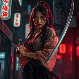 A skilled female katana expert, portrayed as a target of the Yakuza, set in an action-packed thriller atmosphere