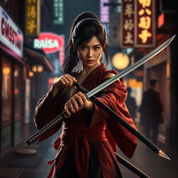 A skilled female katana expert, portrayed as a target of the Yakuza, set in an action-packed thriller atmosphere