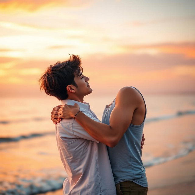 A romantic scene depicting two men embracing in a beautiful sunset backdrop, showcasing tenderness and passion