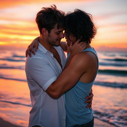 A romantic scene depicting two men embracing in a beautiful sunset backdrop, showcasing tenderness and passion