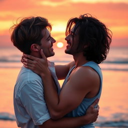 A romantic scene depicting two men embracing in a beautiful sunset backdrop, showcasing tenderness and passion