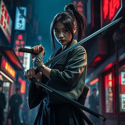 A skilled female katana expert, portrayed as a target of the Yakuza, set in an action-packed thriller atmosphere