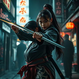 A fierce female katana expert, fiercely protecting another woman from the relentless pursuit of the Yakuza, set in an intense action thriller scenario