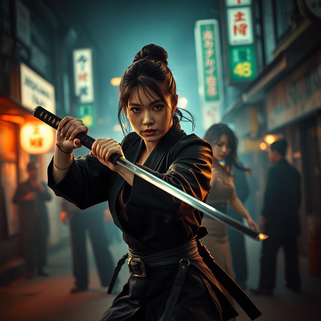 A fierce female katana expert, fiercely protecting another woman from the relentless pursuit of the Yakuza, set in an intense action thriller scenario