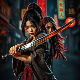 A fierce female katana expert, fiercely protecting another woman from the relentless pursuit of the Yakuza, set in an intense action thriller scenario