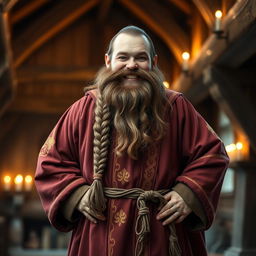 A medieval dwarf standing proudly, adorned in a richly colored robe that flows to the ground