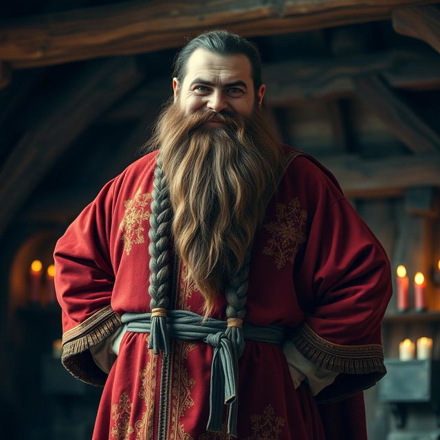 A medieval dwarf standing proudly, adorned in a richly colored robe that flows to the ground