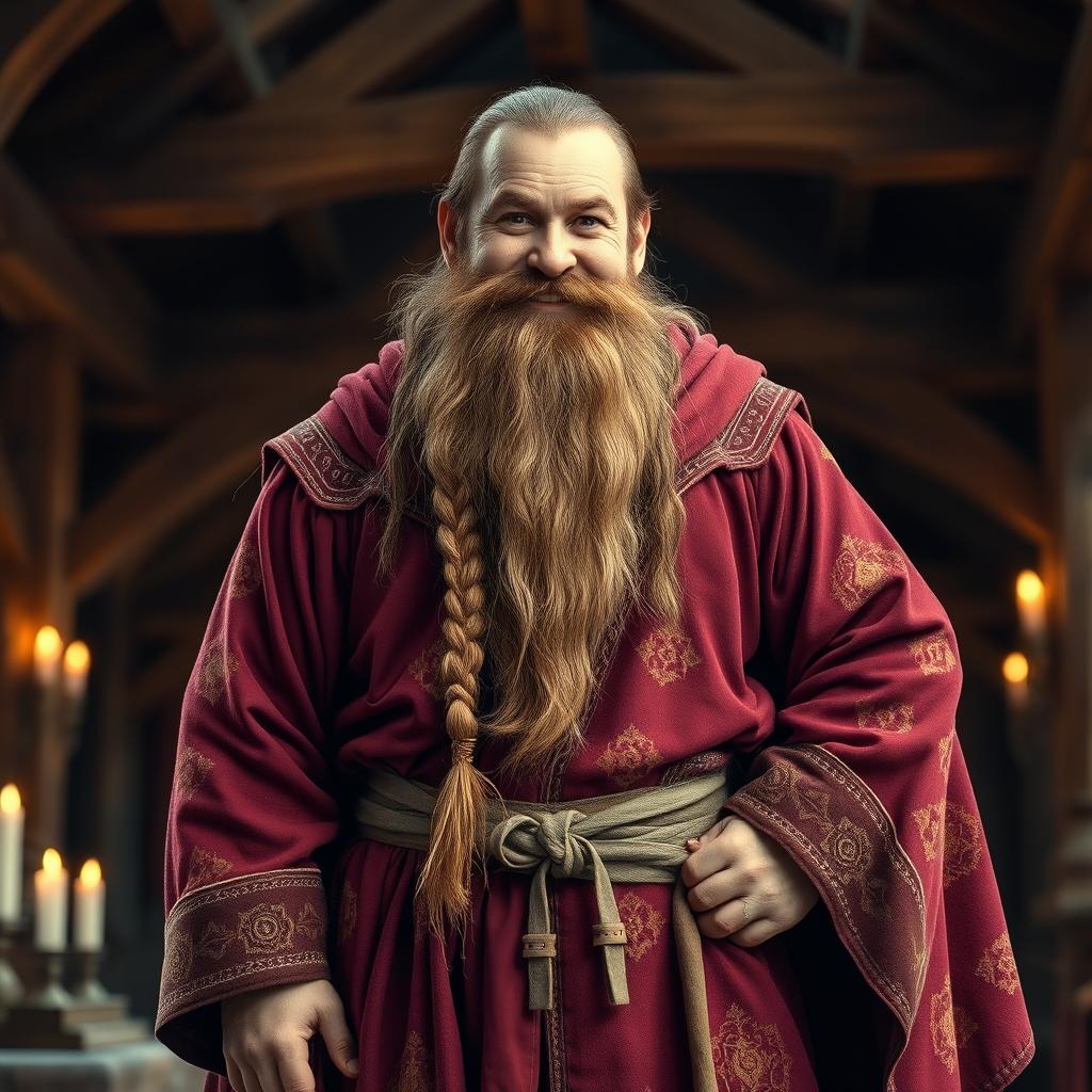 A medieval dwarf standing proudly, adorned in a richly colored robe that flows to the ground