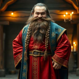 A medieval dwarf standing proudly, adorned in a richly colored robe that flows to the ground