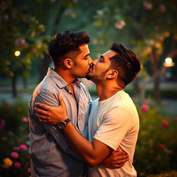 A tender moment between two Indian men in a romantic setting, sharing a soft kiss