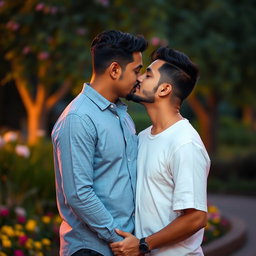 A tender moment between two Indian men in a romantic setting, sharing a soft kiss