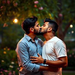 A tender moment between two Indian men in a romantic setting, sharing a soft kiss
