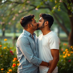 A tender moment between two Indian men in a romantic setting, sharing a soft kiss