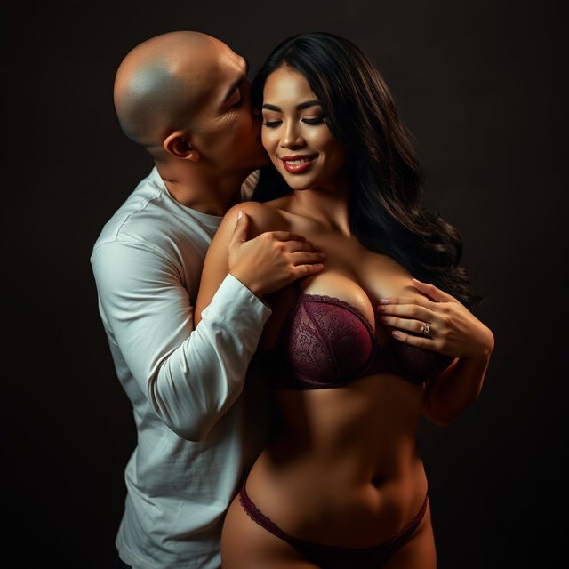 Two Indonesian men with pure white skin affectionately embracing a beautiful 28-year-old woman with a strong, sexy body from behind
