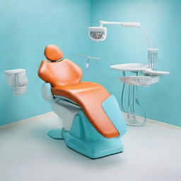 A dental unit with a bright and refreshing color scheme; a prominent orange dental chair, a sparkling white floor, and the remainder of the room in calm light-blue. The unit is equipped with state-of-the-art dental equipment.