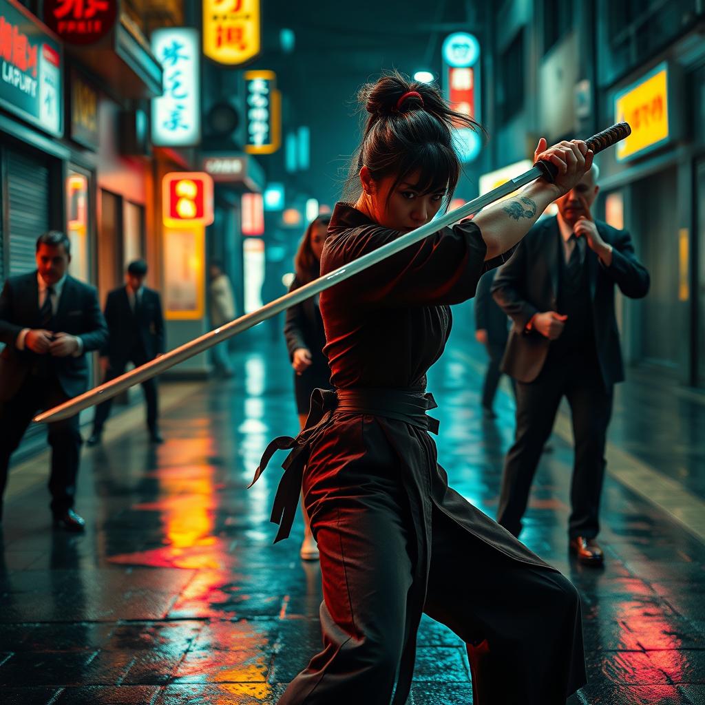 A fierce female swordswoman expertly wielding a katana, engaged in a dramatic showdown against a group of Yakuza members