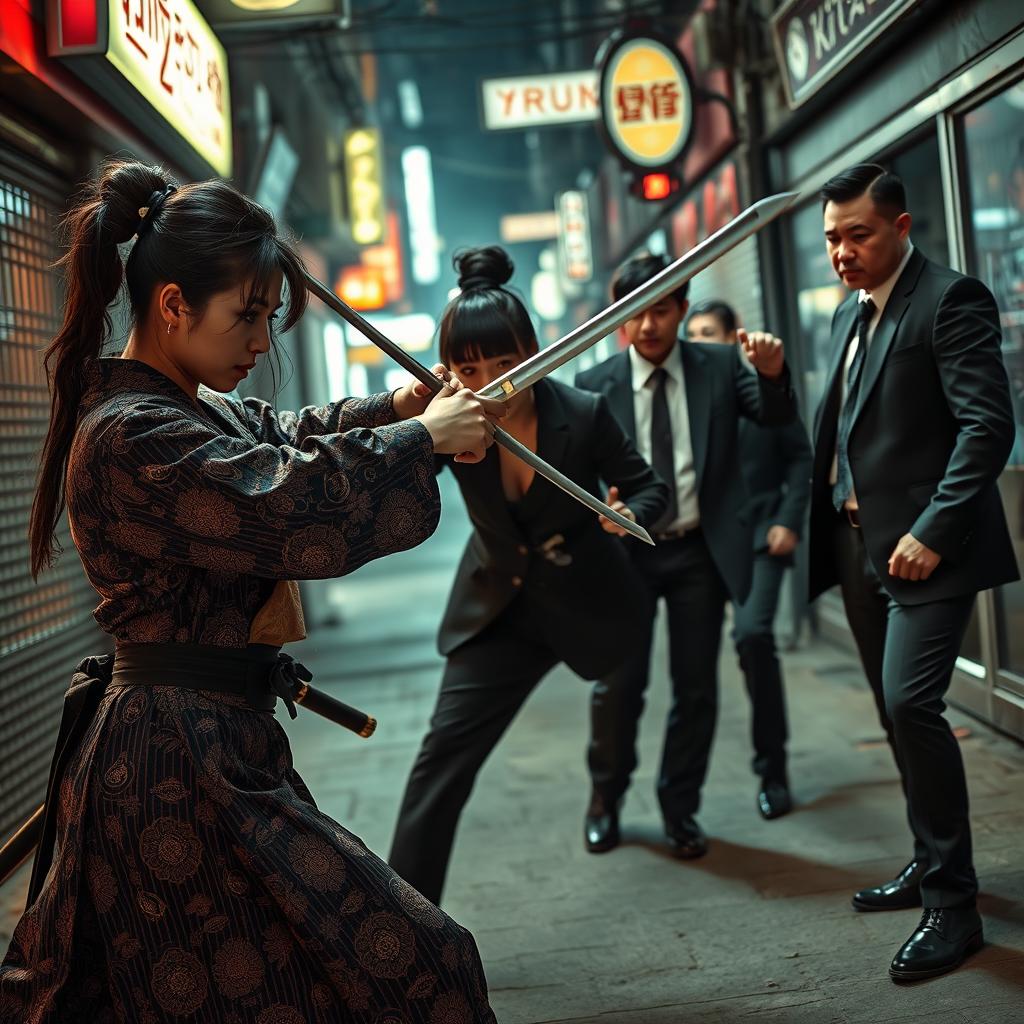 A fierce female katana expert skillfully defending another woman from a group of intimidating Yakuza members in a dynamic urban setting
