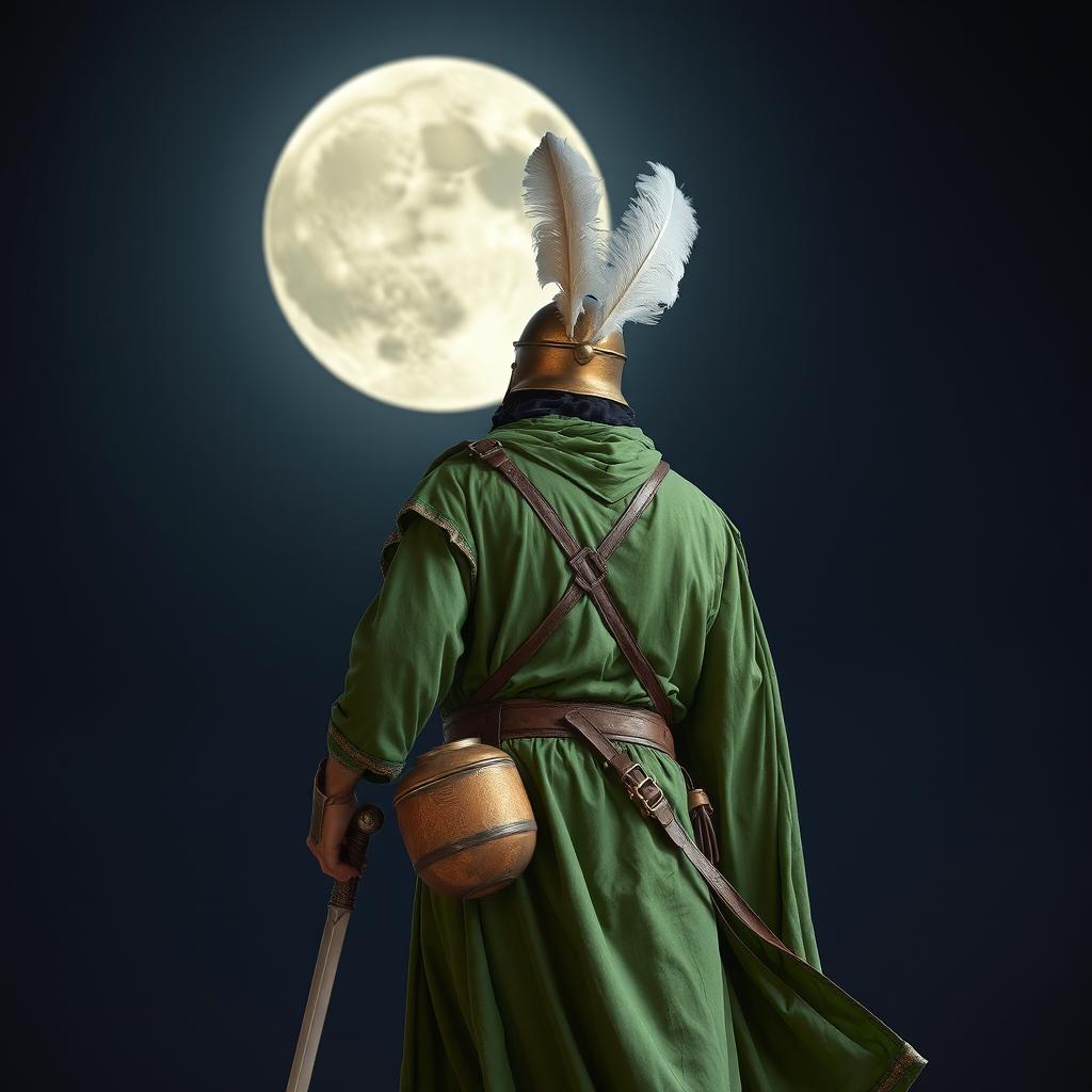 A tall man dressed in complete green Islamic battle attire from ancient times, wielding a sword and carrying a water skin