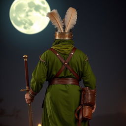 A tall man dressed in full Islamic ancient warfare attire in vibrant green color, holding a sword and a leather water pouch