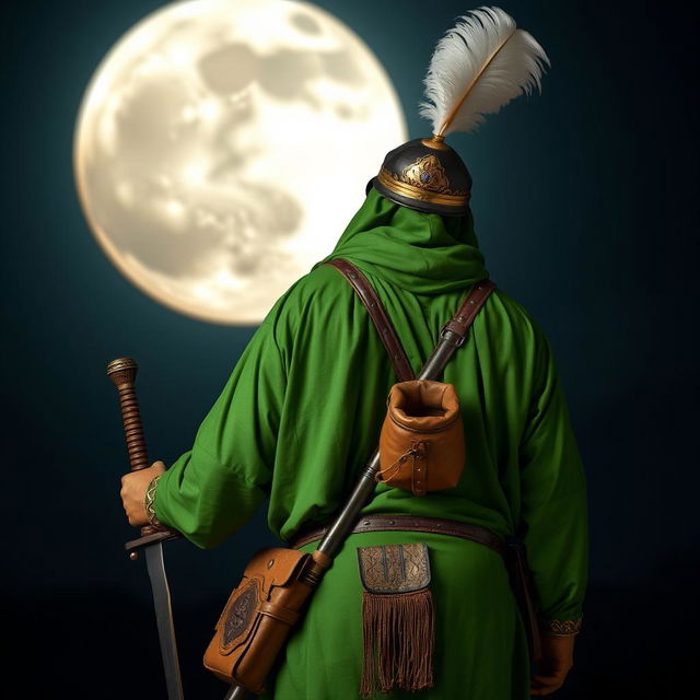 A tall man dressed in full Islamic ancient warfare attire in vibrant green color, holding a sword and a leather water pouch