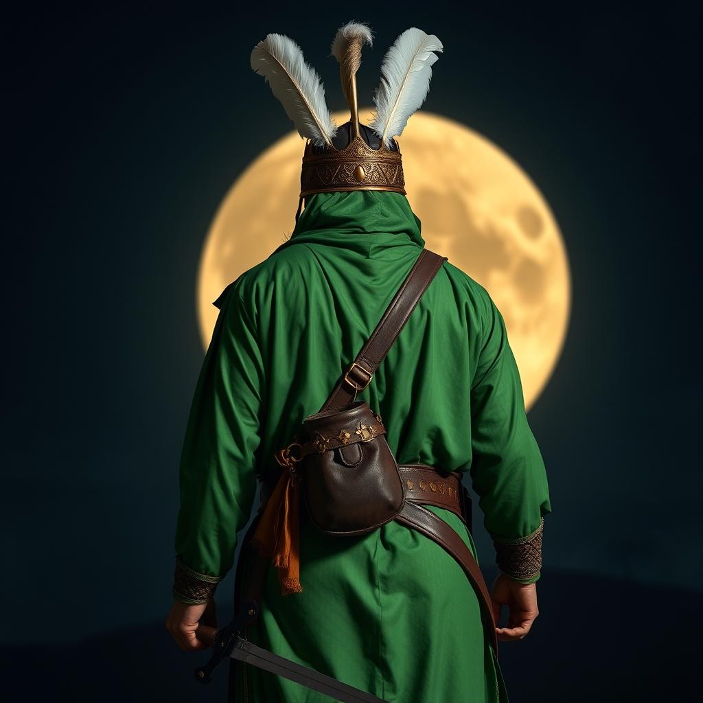 A tall man dressed in full Islamic ancient warfare attire in vibrant green color, holding a sword and a leather water pouch