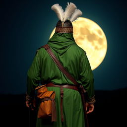 A tall man dressed in full Islamic ancient warfare attire in vibrant green color, holding a sword and a leather water pouch