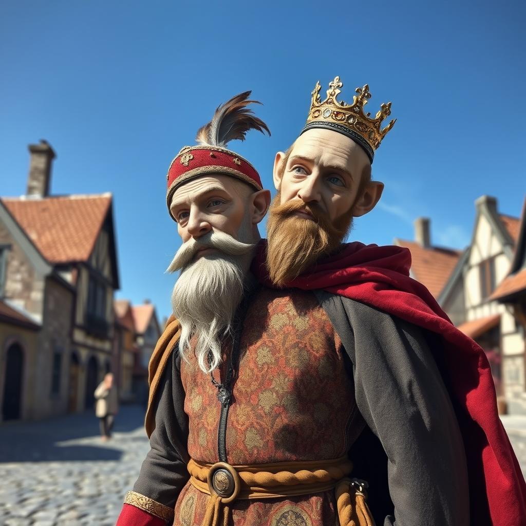 A fantastical medieval figure featuring one body but two heads, each adorned with distinct attire reflecting their unique personalities