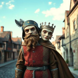 A fantastical medieval figure featuring one body but two heads, each adorned with distinct attire reflecting their unique personalities