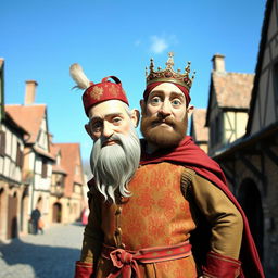 A fantastical medieval figure featuring one body but two heads, each adorned with distinct attire reflecting their unique personalities