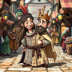 A whimsical medieval character with one body and two heads, each displaying its own unique expression and personality