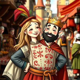 A whimsical medieval character with one body and two heads, each displaying its own unique expression and personality