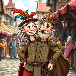 A whimsical medieval character with one body and two heads, each displaying its own unique expression and personality