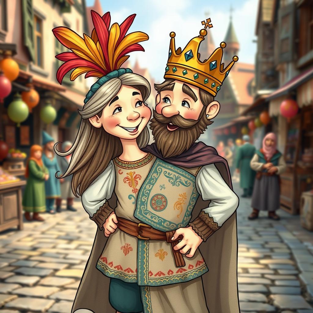 A whimsical medieval character with one body and two heads, each displaying its own unique expression and personality