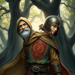 A captivating medieval character possessing one body and two distinct heads, each showcasing its own unique attire and expression