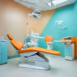 A dental unit with a bright and refreshing color scheme; a prominent orange dental chair, a sparkling white floor, and the remainder of the room in calm light-blue. The unit is equipped with state-of-the-art dental equipment.