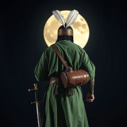 A tall man dressed in full green battle attire from the early Islamic era, holding a sword in one hand and a leather water skin in the other, from which water is dripping