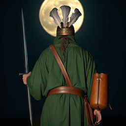 A tall man dressed in full green battle attire from the early Islamic era, holding a sword in one hand and a leather water skin in the other, from which water is dripping