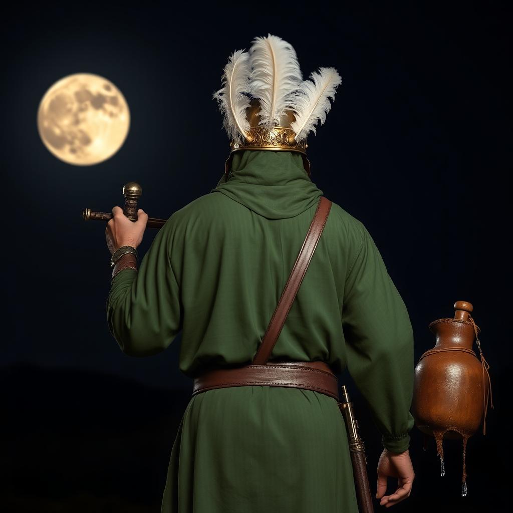 A tall man dressed in full green battle attire from the early Islamic era, holding a sword in one hand and a leather water skin in the other, from which water is dripping