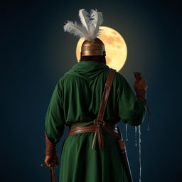 A tall man dressed in full green battle attire from the early Islamic era, holding a sword in one hand and a leather water skin in the other, from which water is dripping