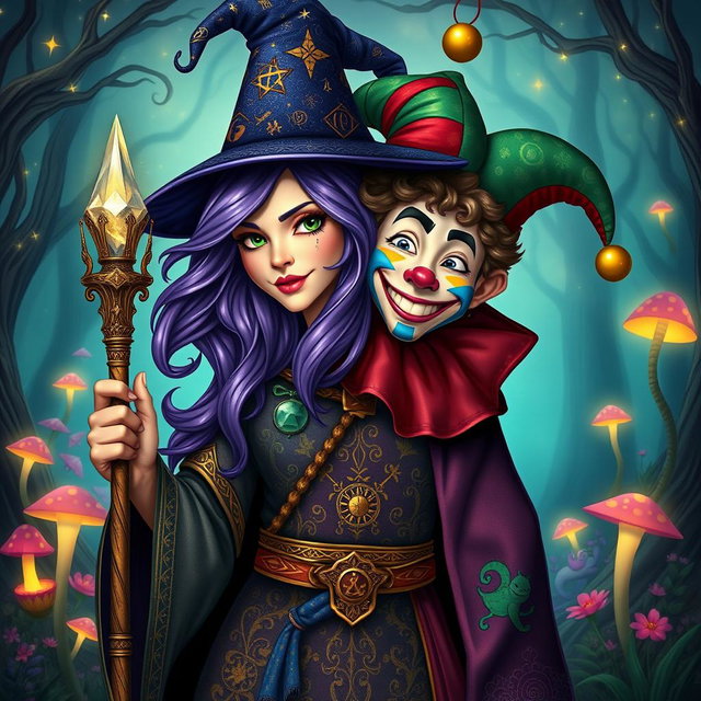 A fascinating medieval character with one body and two opposing heads: one is a powerful female wizard and the other is a playful male fool