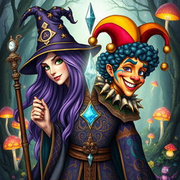 A fascinating medieval character with one body and two opposing heads: one is a powerful female wizard and the other is a playful male fool