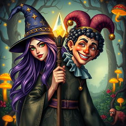 A fascinating medieval character with one body and two opposing heads: one is a powerful female wizard and the other is a playful male fool