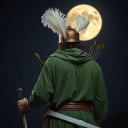 A tall man dressed in complete green war attire from the ancient Islamic era, holding a sword and a water skin with arrows and darts inserted