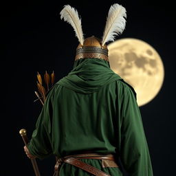 A tall man dressed in complete green war attire from the ancient Islamic era, holding a sword and a water skin with arrows and darts inserted
