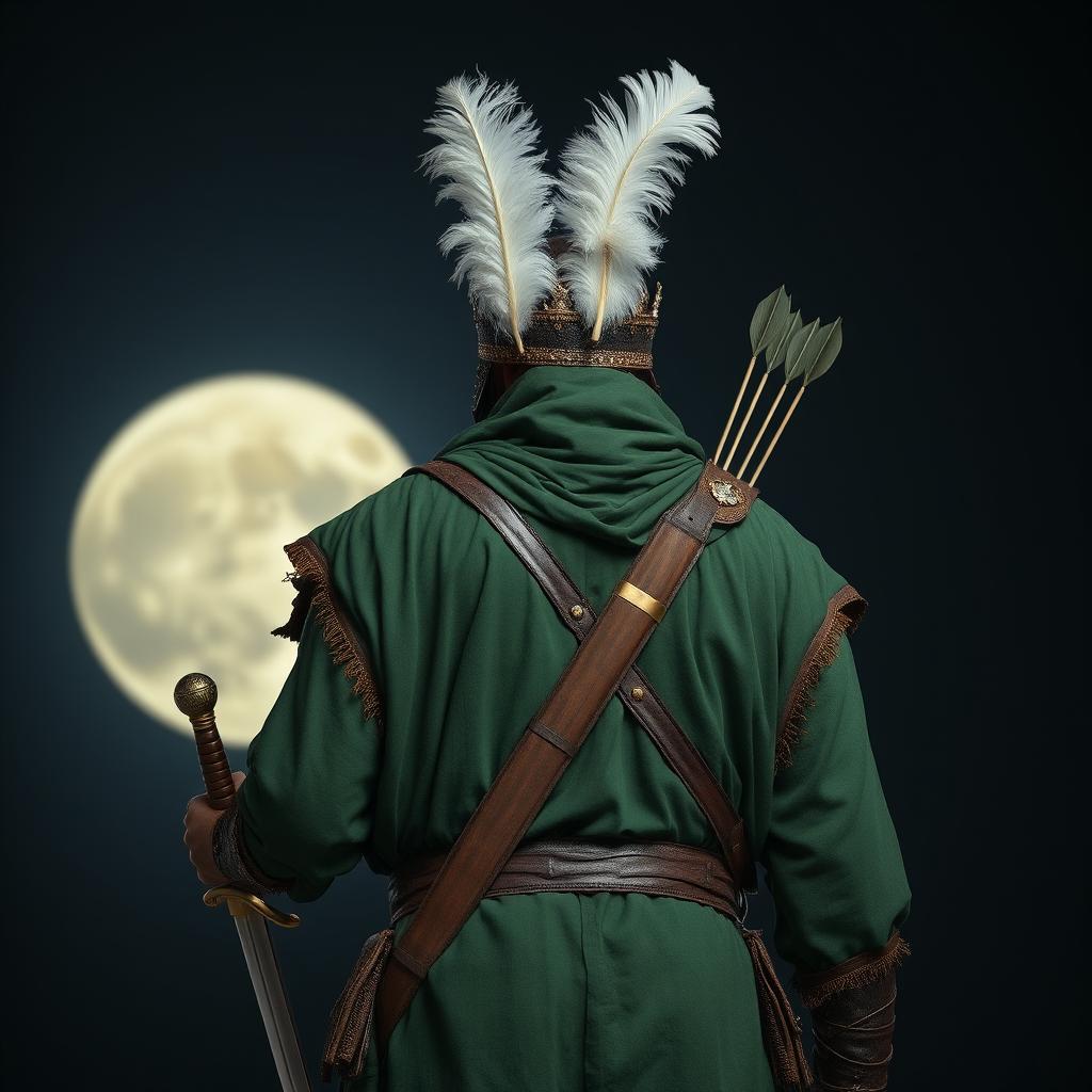 A tall man dressed in complete green war attire from the ancient Islamic era, holding a sword and a water skin with arrows and darts inserted